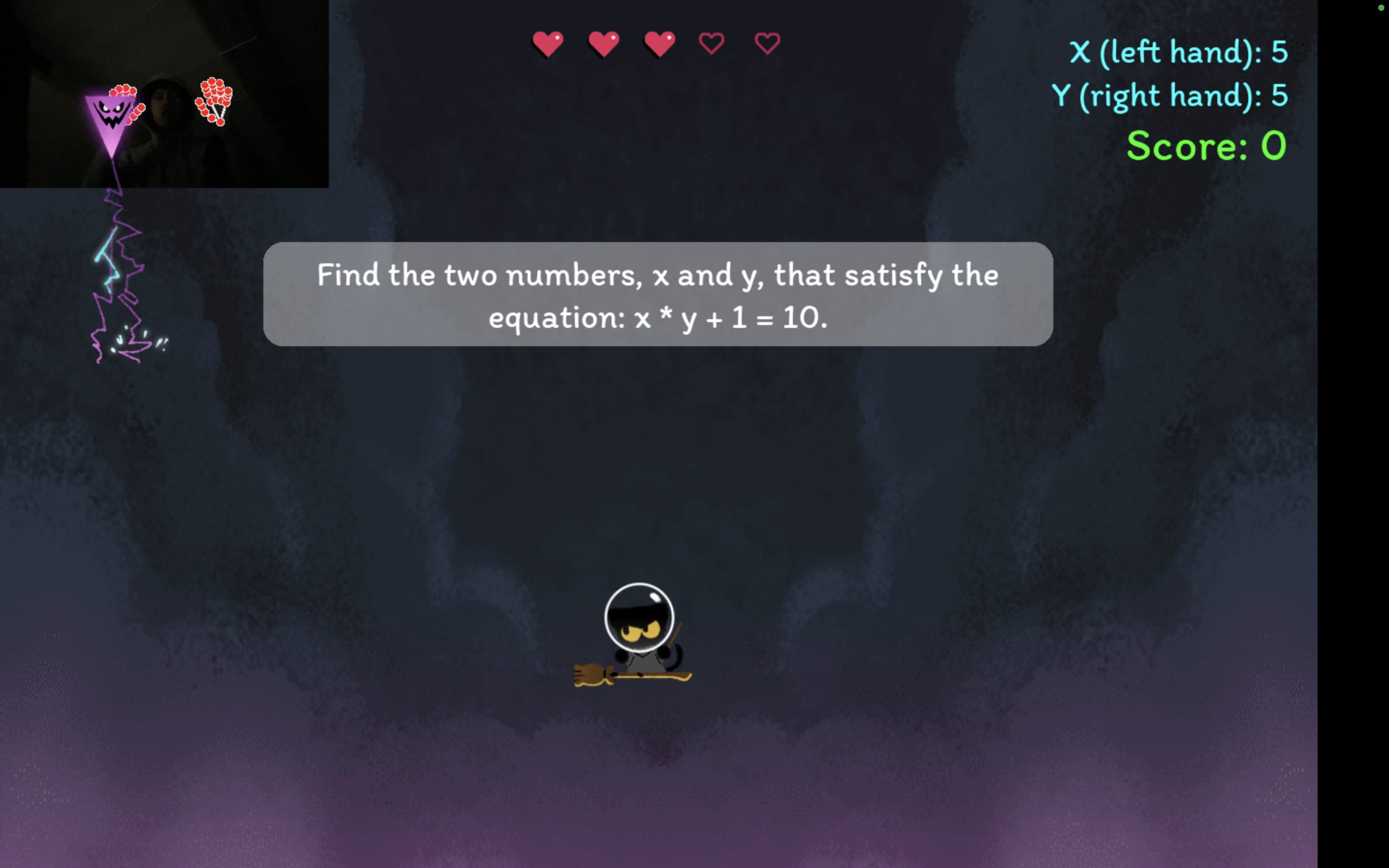 Screenshot of the Cat-Culus PyGame showing a math problem and the cat character