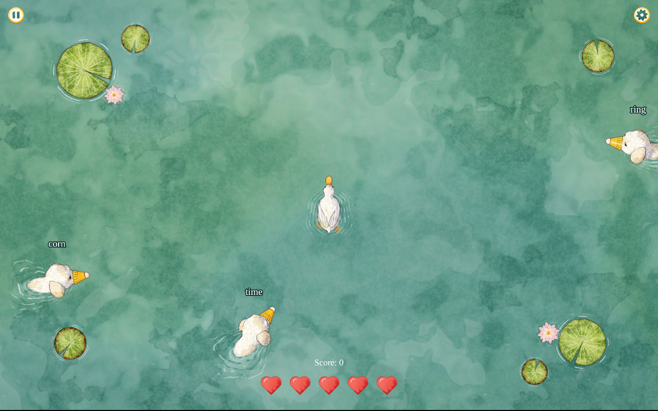 Gameplay of DogDuckGo, a white duck in the middle of a watercolour pond while dogs wearing yellow shuttlecock beaks swim toward it, each labeled with a word to type