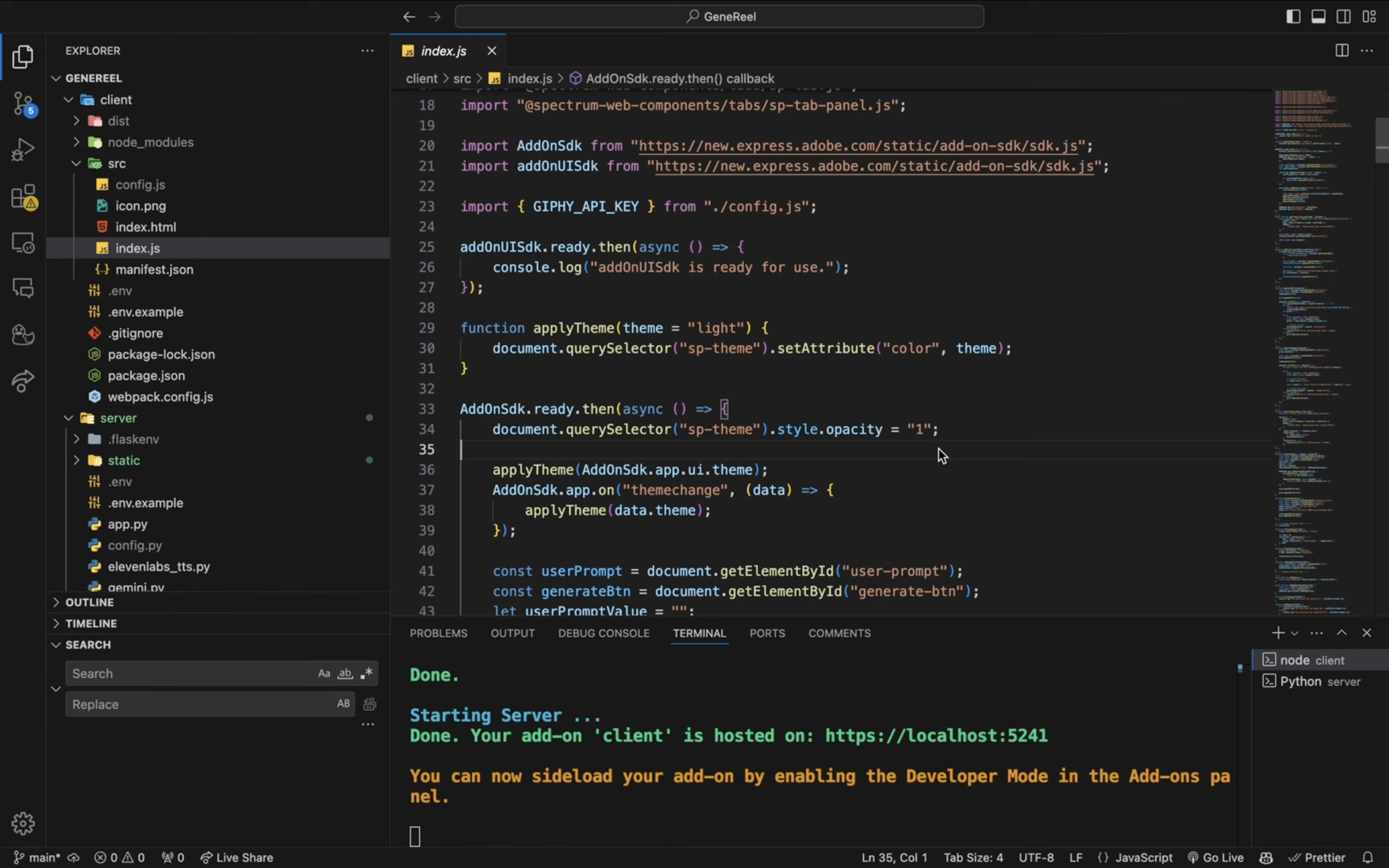 Screenshot of the GeneReel Adobe Express add-on panel for generating short videos