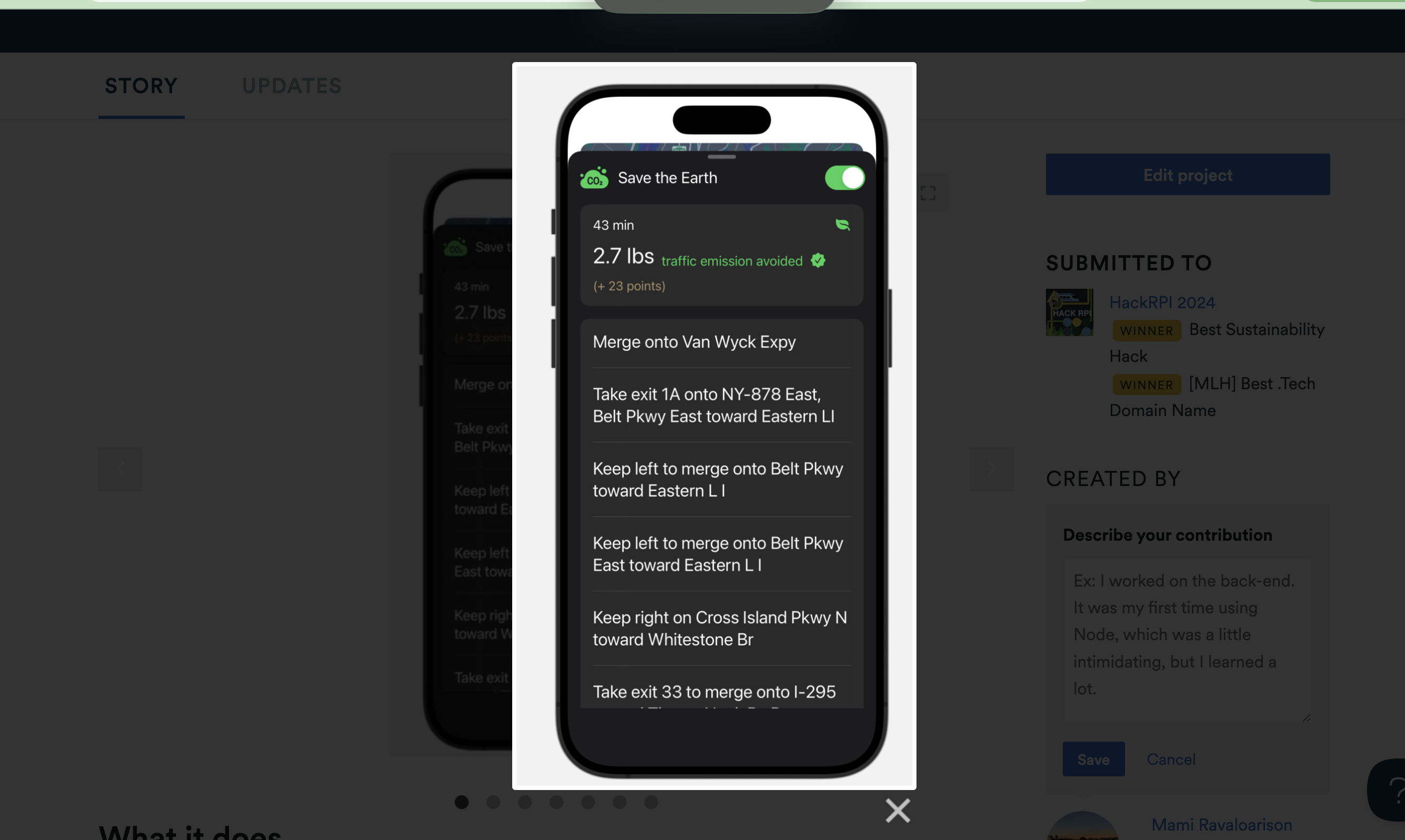 Screenshot of the Green iOS app showing a low-emission driving route on a map