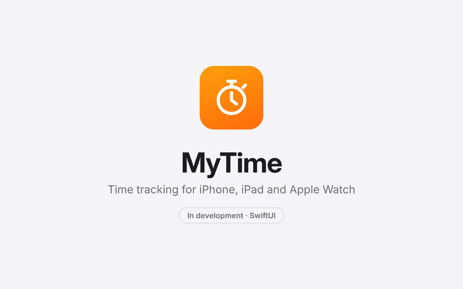MyTime cover with an orange stopwatch app icon, the app name, and the label "In development · SwiftUI"