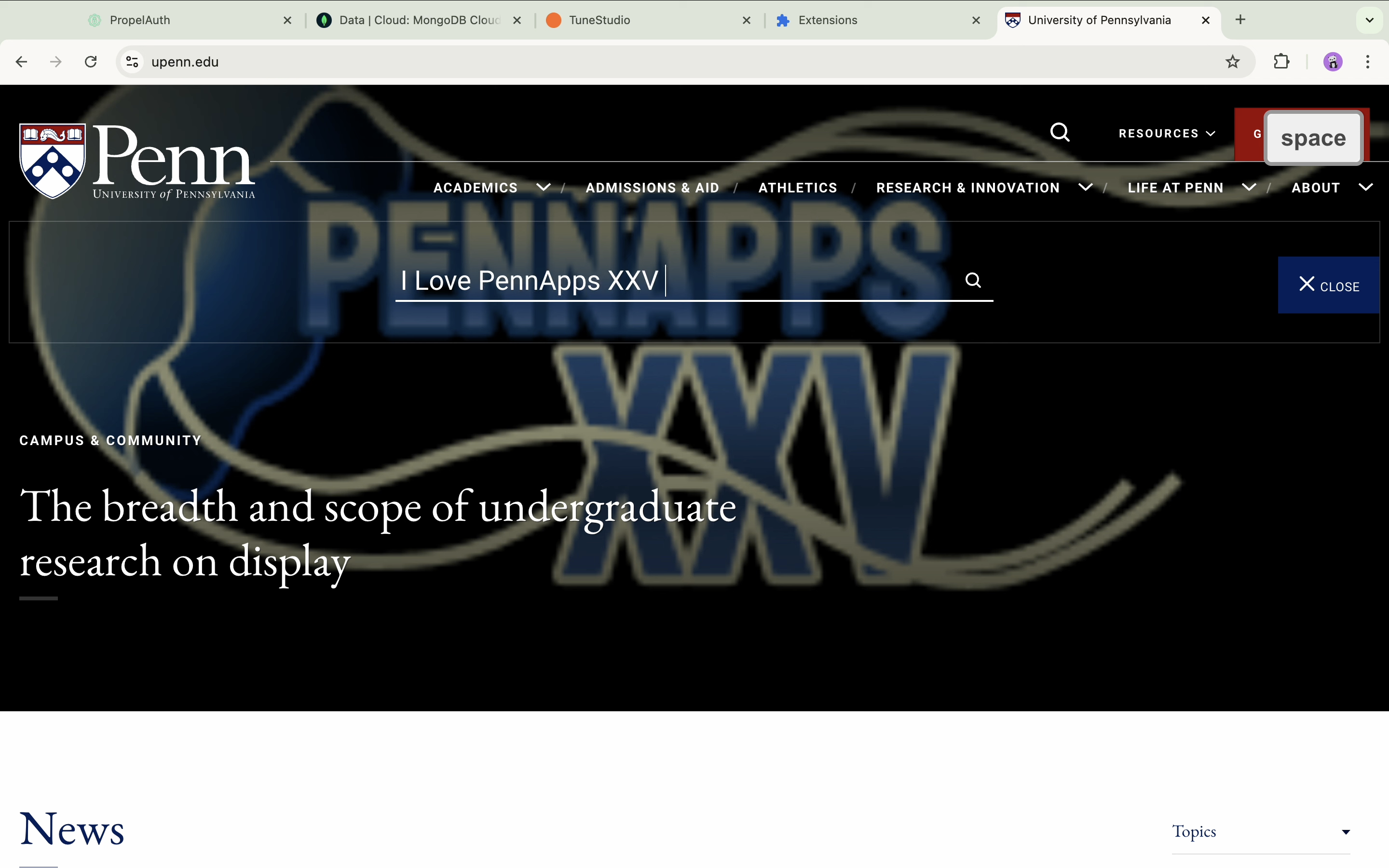 Screenshot of the We Love PennApps XXV Chrome extension replacing a webpage's content