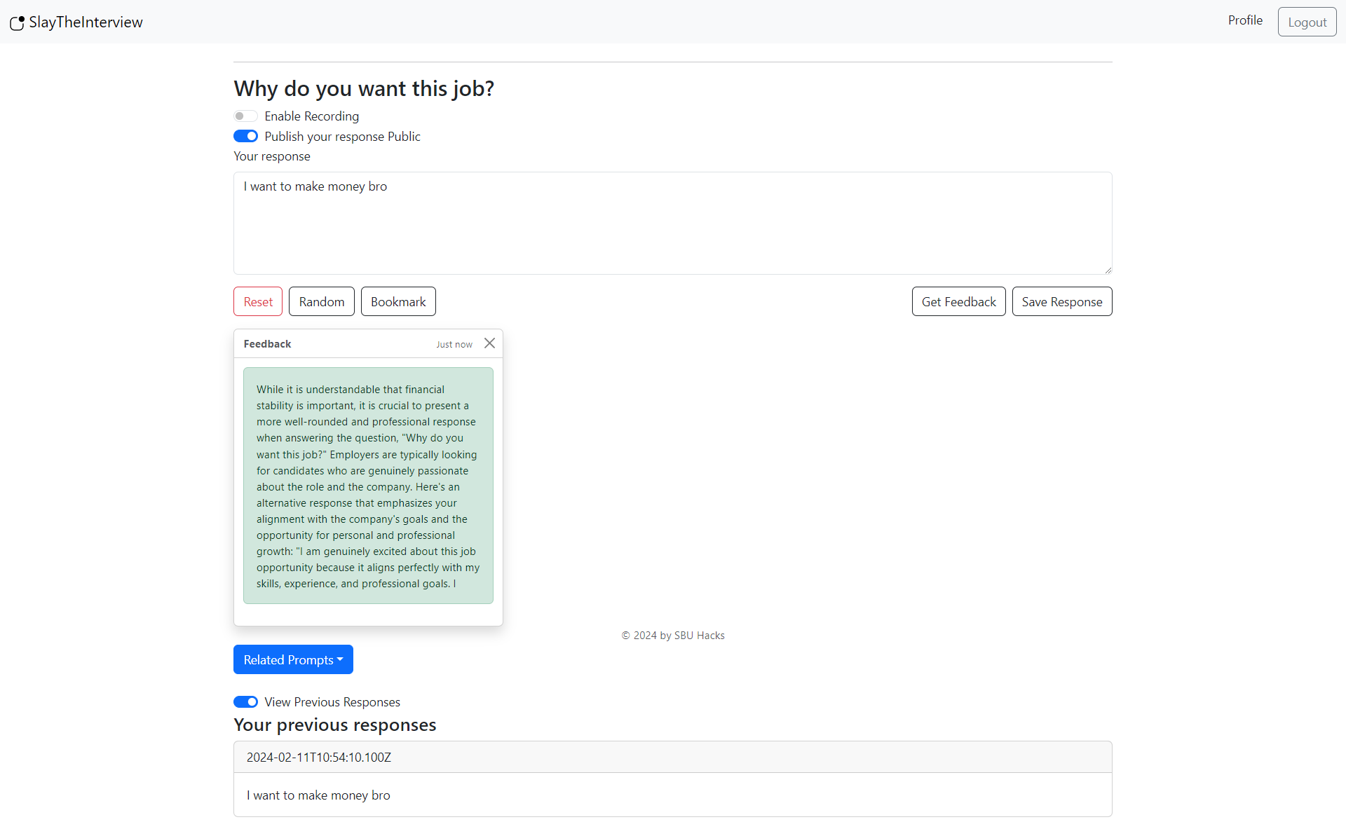 Screenshot of the SlayTheInterview app's mock interview recording screen